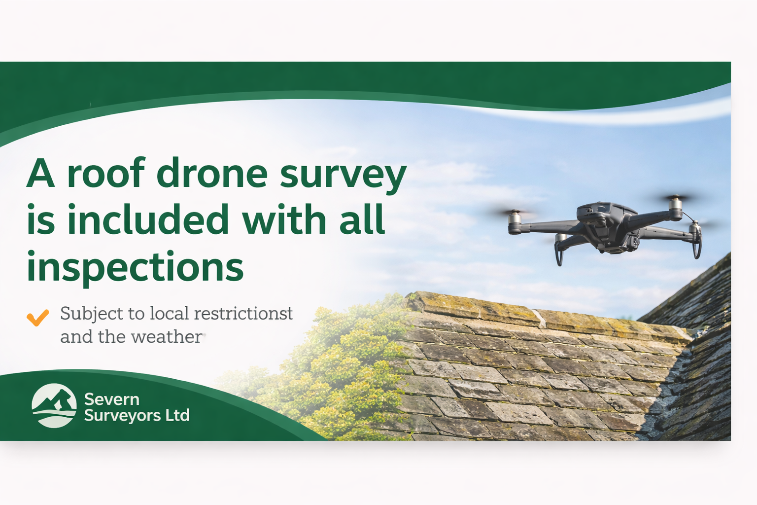 Roof inspection carried out as part of a Level 2 or Level 3 home survey, using drone where suitable