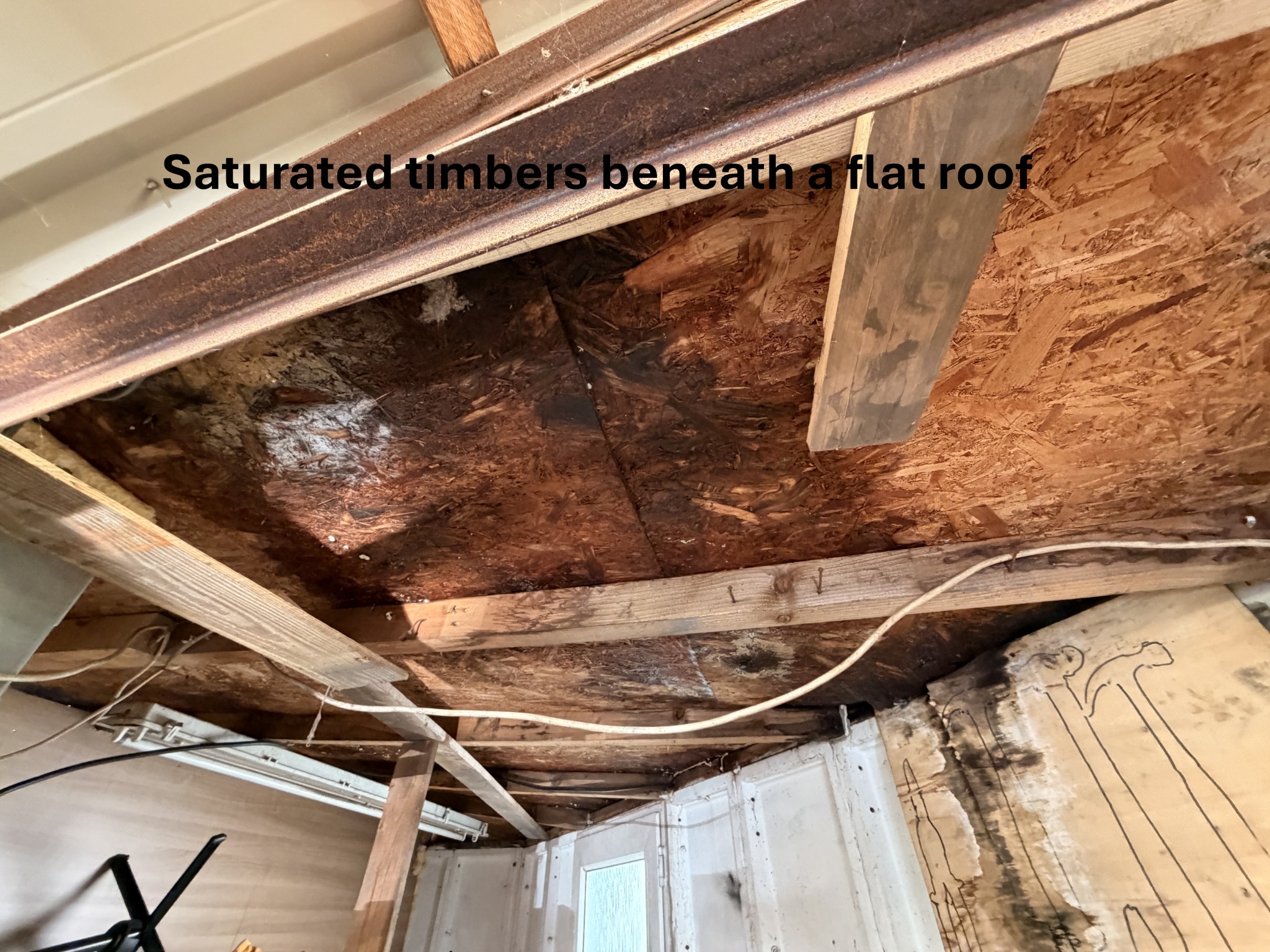 Saturated timbers beneath a flat roof